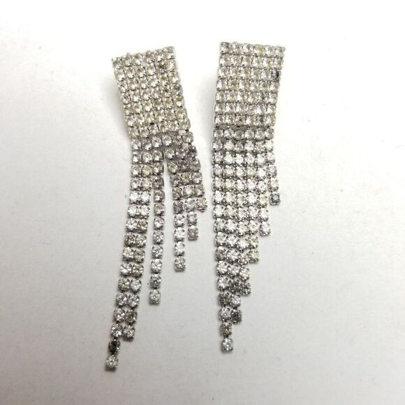 Vintage Fringe Dangle Rhinestone Stud Earrings, Silver Tone 80s 90s Style Estate - Picture 4 of 4